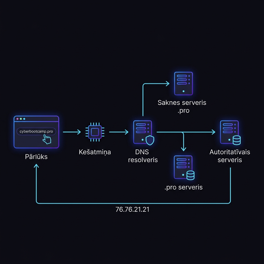 DNS rezolūcijas process — shēma