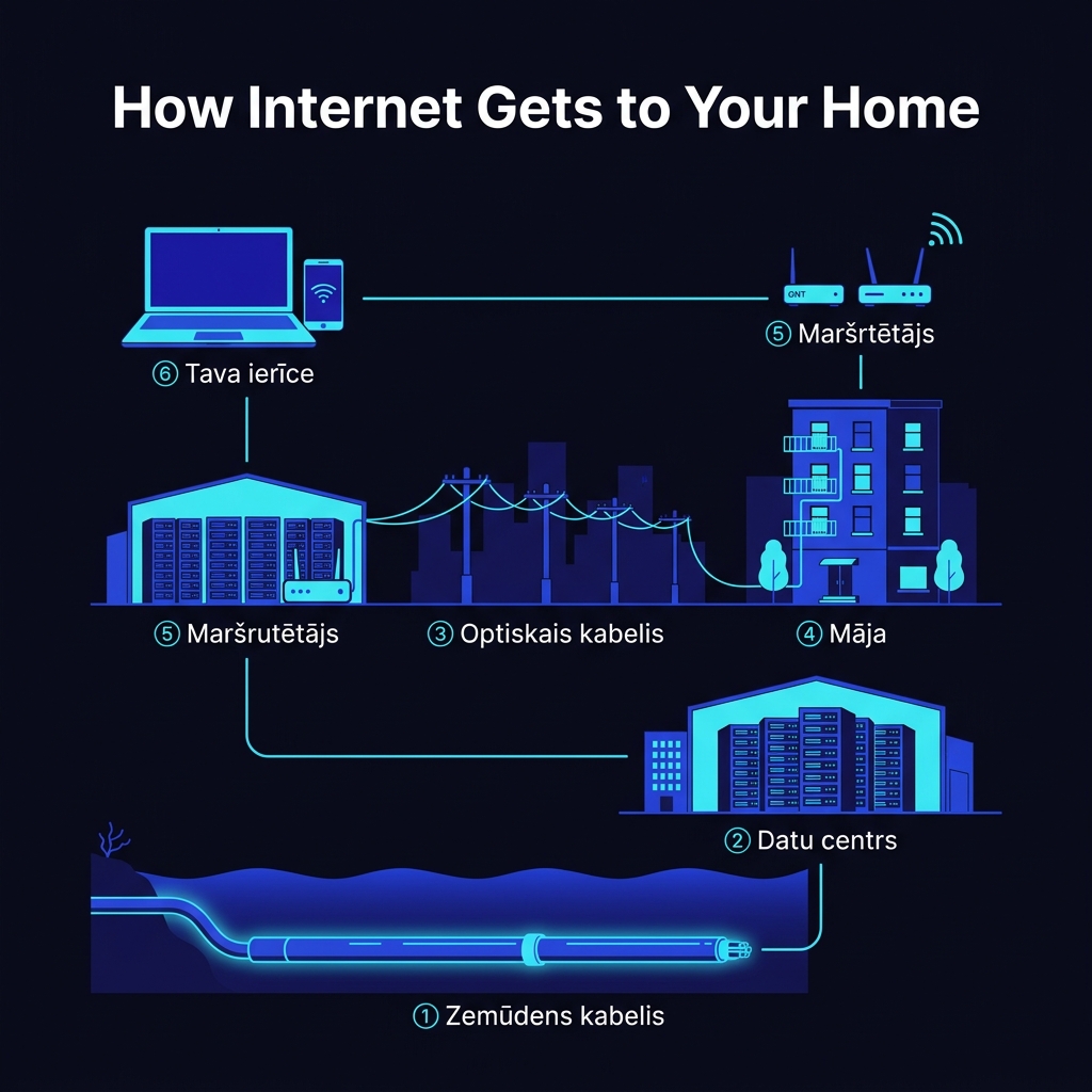 Kā internets nonāk līdz tavai mājai — shēma